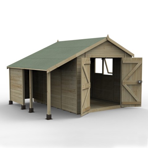Forest Garden 8 x 10 Timberdale wooden shed with double doors, two windows and a log store